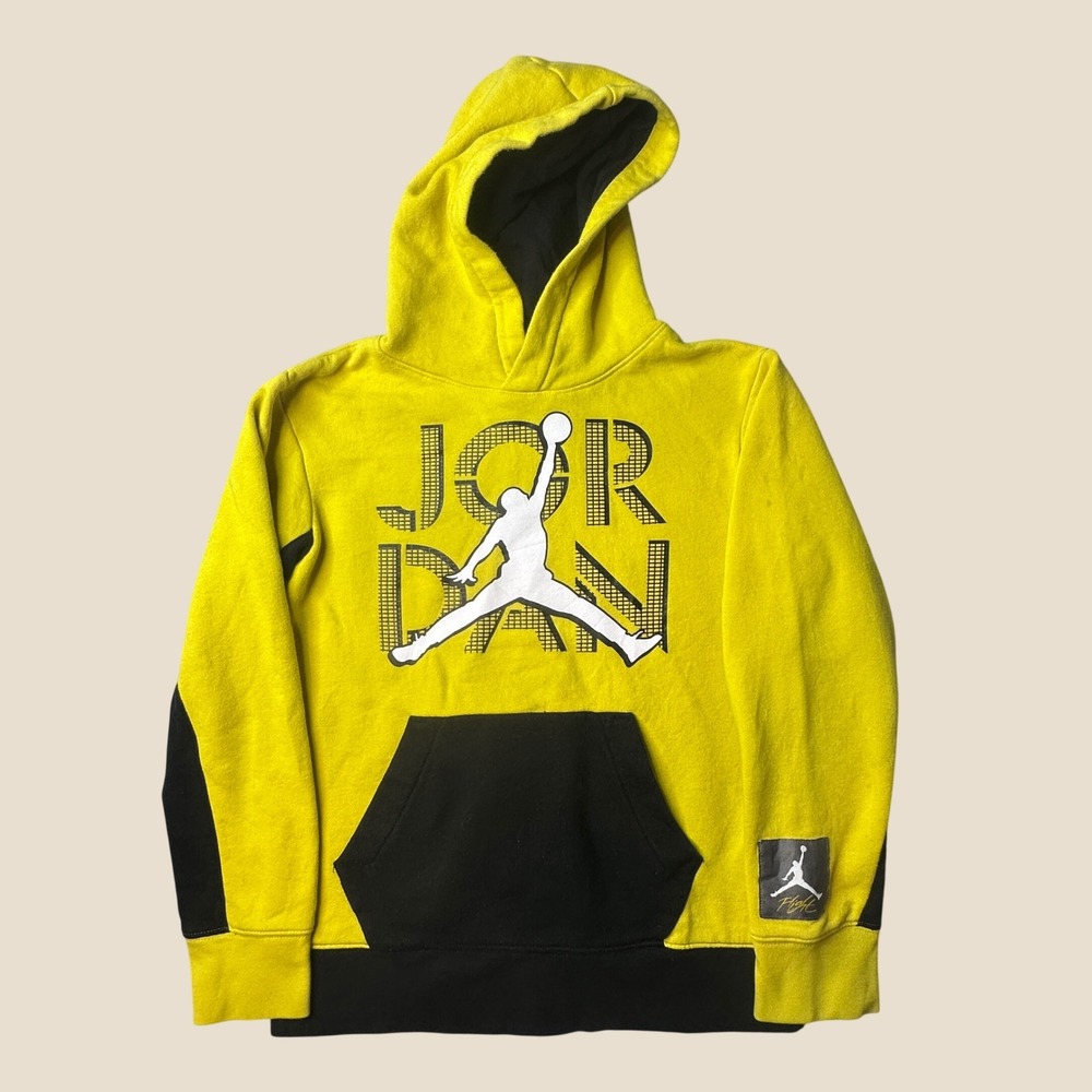 Jordan Hoodie Boys M 10-12 Flight Yellow Black Jumpman Graphic Logo Pullover